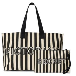 Victoria's Secret Black and Cream Striped Tote Bag New